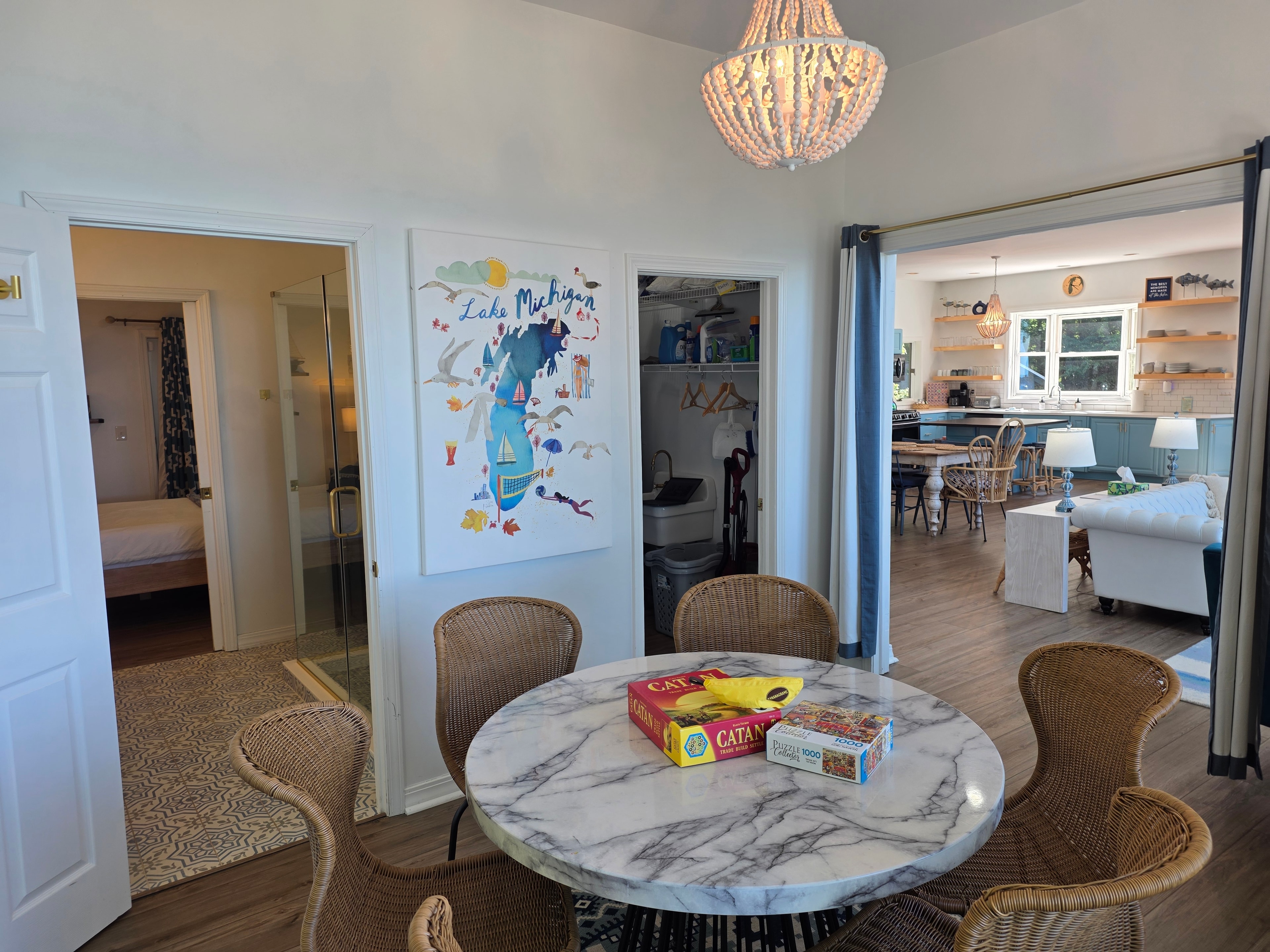 Game room with marble table and Lake Michigan map
